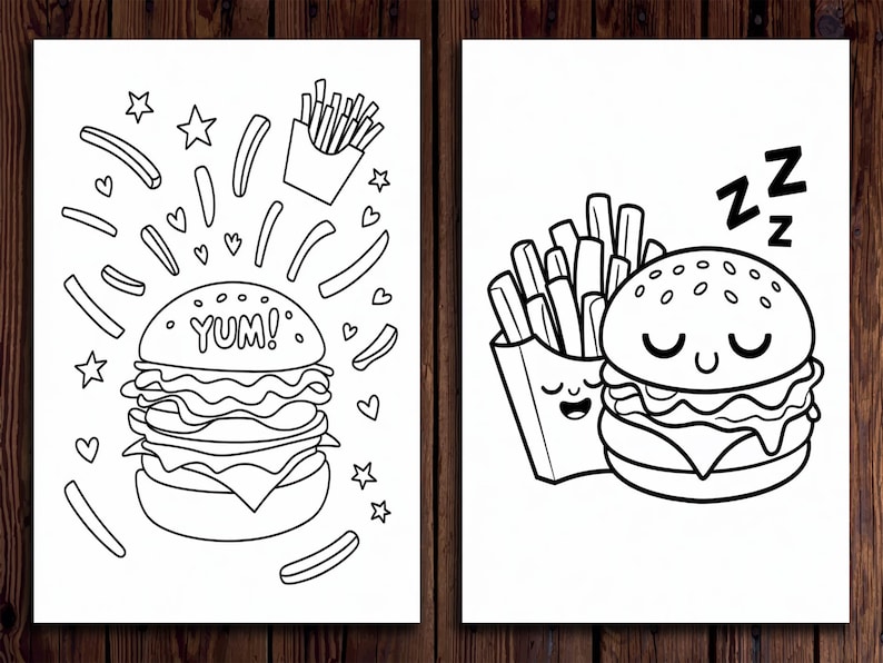 Pu&ograve; includere: Due pagine da colorare in bianco e nero con un hamburger e patatine fritte di cartoni animati. La prima pagina mostra un hamburger con la parola "YUM!" su di esso circondato da patatine fritte. La seconda pagina mostra un hamburger con gli occhi chiusi e un sorriso, accanto a una scatola di patatine fritte con un viso sorridente.