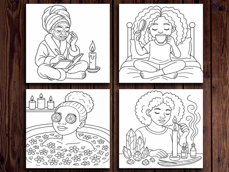 Op de afbeelding: Vier panelen illustratie met zelfzorgactiviteiten. E&eacute;n paneel toont een persoon met een gezichtsmasker die in een dagboek schrijft. Een ander toont een persoon die haar haar borstelt terwijl ze uit een mok drinkt. De andere twee panelen tonen een persoon in een bloemenbad en het aansteken van een kaars.