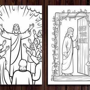 May include: Black and white illustration of Jesus Christ with outstretched arms, surrounded by people. The second image shows Jesus Christ opening a door with the words "Open your heart." on it.