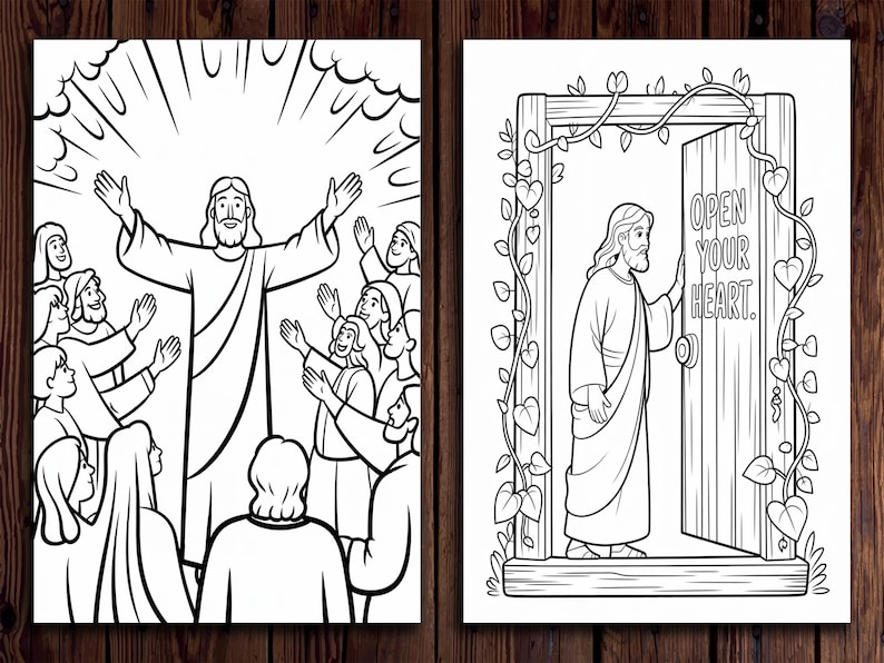 May include: Black and white illustration of Jesus Christ with outstretched arms, surrounded by people. The second image shows Jesus Christ opening a door with the words "Open your heart." on it.