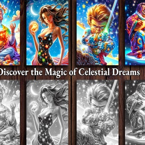 May include: A digital art collage featuring four different images. The first image shows a person wearing a crown and holding a book. The second image shows a woman with long hair wearing a starry dress. The third image shows a person with a sword. The fourth image shows a person playing a guitar. The images are in color and are set against a dark background with stars.