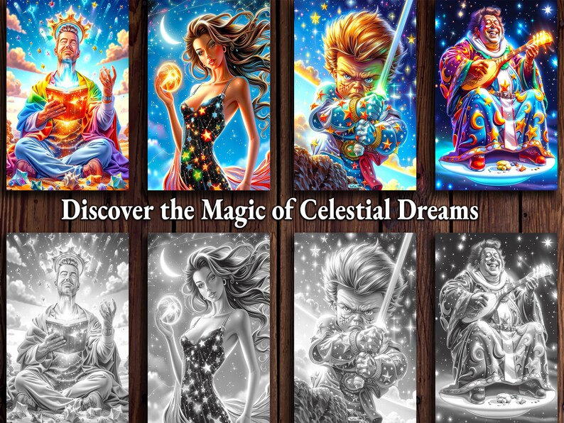 May include: A digital art collage featuring four different images. The first image shows a person wearing a crown and holding a book. The second image shows a woman with long hair wearing a starry dress. The third image shows a person with a sword. The fourth image shows a person playing a guitar. The images are in color and are set against a dark background with stars.