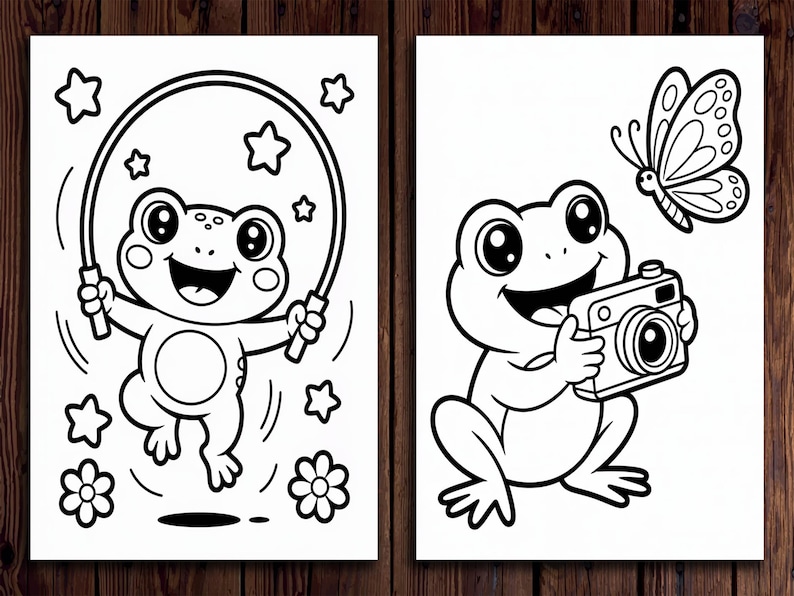 May include: Two black and white illustrations of cartoon frogs. One frog is jumping rope with stars and flowers around it. The other frog is holding a camera with a butterfly nearby. The images are on a wooden background.