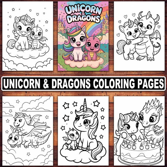 Unicorn & Dragon Coloring Pages: 20 Fantasy Designs (Digital Download)