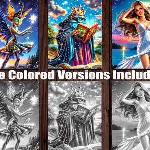 May include: Three digital coloring pages featuring a fairy with a star, a wizard with a book, and a woman with flowing hair. Each image is shown in both color and black and white.