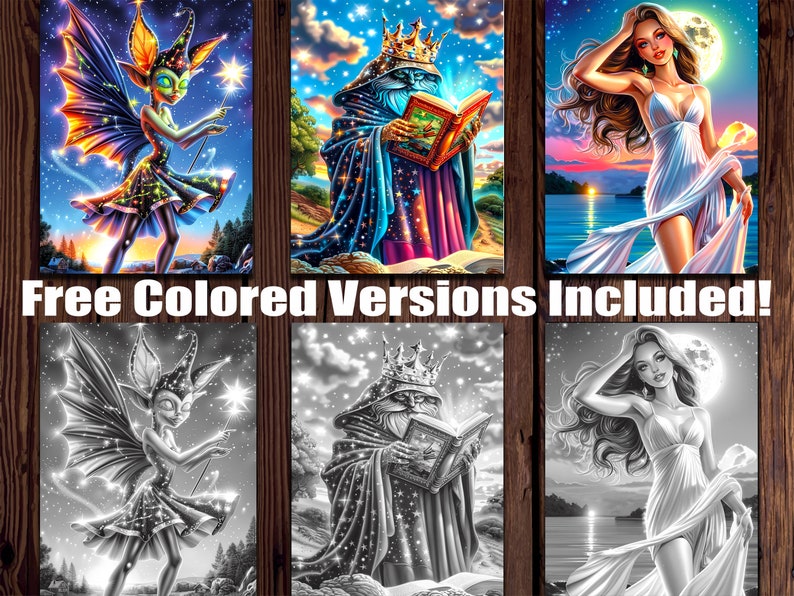 May include: Three digital coloring pages featuring a fairy with a star, a wizard with a book, and a woman with flowing hair. Each image is shown in both color and black and white.