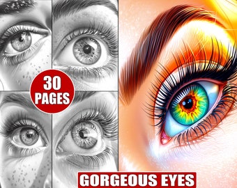 Expressive Eyes Coloring Book: Grayscale Illustrations (30 Printable Pages)