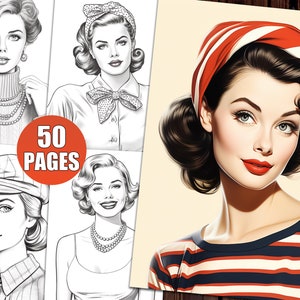 50s Elegance Coloring Pages for Adults, Pin Up Girls Coloring Book, Women Coloring Pages, Printable Pdf, Digital Download