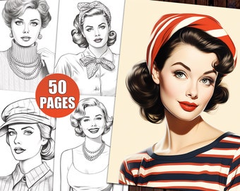 Livre de coloriage pin-up des années 1950 : glamour vintage (téléchargement numérique)