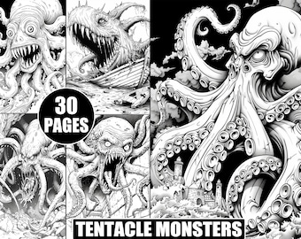 Tentacle Monsters Coloring Book: 30 Grayscale Horror Designs (Printable)