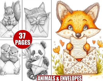 May include: A coloring book with 37 pages featuring cute animals holding envelopes. The animals include a squirrel, a cat, a panda, and a fox. The book is titled "Animals & Envelopes".