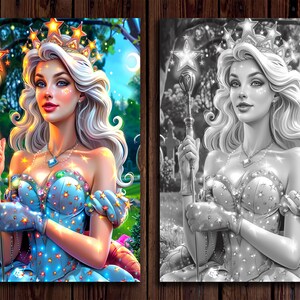 May include: A digital illustration of a woman with long white hair wearing a crown with stars and a blue dress with stars. She is holding a staff with a star on top.