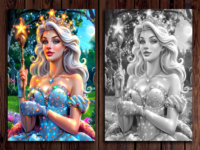 May include: A digital illustration of a woman with long white hair wearing a crown with stars and a blue dress with stars. She is holding a staff with a star on top.