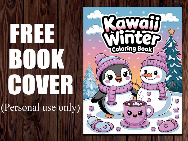 May include: A book cover for a coloring book featuring a penguin and a snowman in winter attire. The title of the book is "Kawaii Winter Coloring Book".