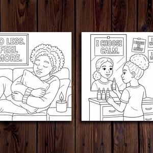 Op de afbeelding: Twee zwart-wit illustraties met tekst. E&eacute;n toont een persoon die ontspant op een bank met de tekst "DO LESS. FEEL MORE." De andere toont een persoon die in een spiegel kijkt met de tekst "I CHOOSE CALM.", "I BELIEVE IN MYSELF", "I AM WORTHY" en "I AM LOVED."