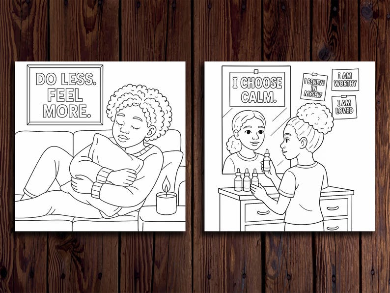 Op de afbeelding: Twee zwart-wit illustraties met tekst. E&eacute;n toont een persoon die ontspant op een bank met de tekst "DO LESS. FEEL MORE." De andere toont een persoon die in een spiegel kijkt met de tekst "I CHOOSE CALM.", "I BELIEVE IN MYSELF", "I AM WORTHY" en "I AM LOVED."
