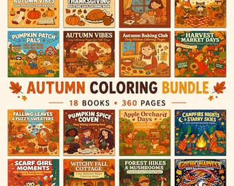 Autumn Coloring Book Bundle, 18 Printable PDF Books, 360 Bold and Easy Fall Pages