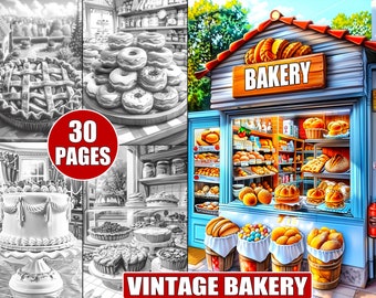 Libro para colorear de panadería vintage: 30 páginas imprimibles en escala de grises (patrón PDF)