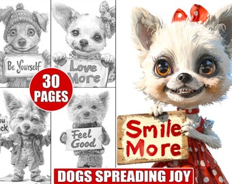 Dogs Coloring Pages, Grayscale Pets with Quotes (30 Printable Pages)