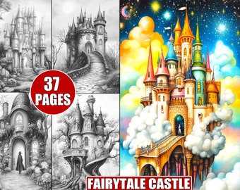 Dibujos para colorear de castillos de cuentos de hadas: Arte fantástico en escala de grises (Descarga digital imprimible)