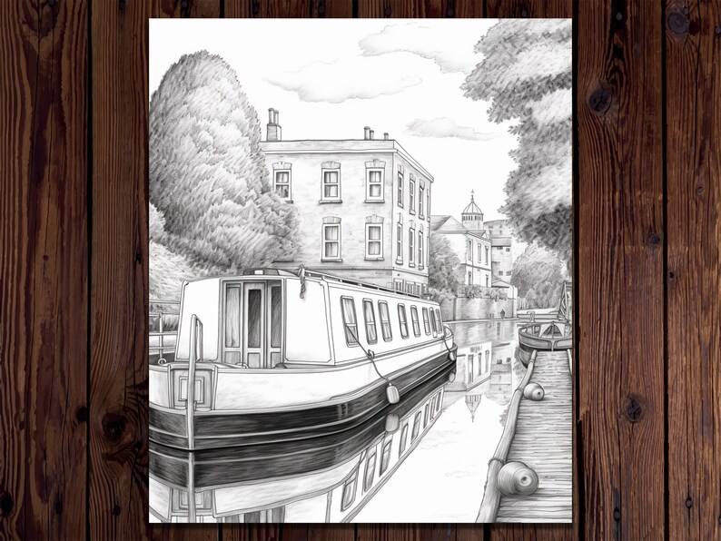 May include: A black and white pencil drawing of a narrow canal with a house on the left side and a boat docked on the right. The boat is a narrowboat with a white hull and a black stripe. The canal is lined with trees and a wooden walkway.