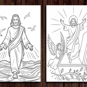 May include: Two black and white line drawings of Jesus Christ. The first image shows Jesus walking on water with birds flying above him. The second image shows Jesus rising from a tomb with an angel beside him.