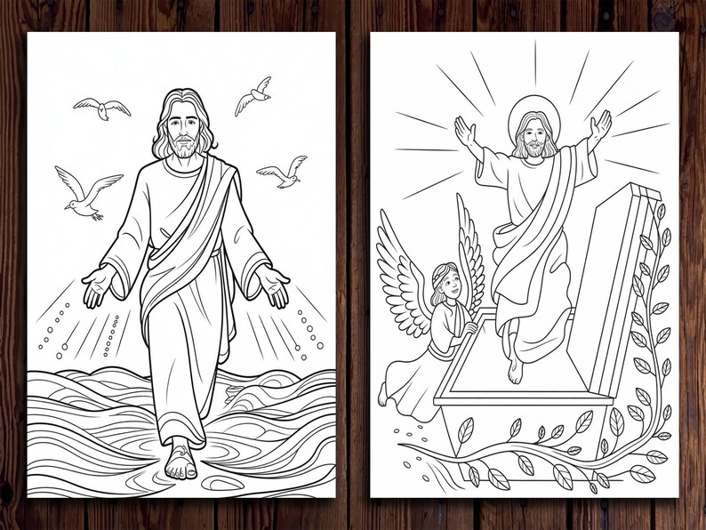 May include: Two black and white line drawings of Jesus Christ. The first image shows Jesus walking on water with birds flying above him. The second image shows Jesus rising from a tomb with an angel beside him.