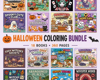 Halloween Coloring Book Bundle, 18 Printable PDF Books, 360 Bold and Easy Pages