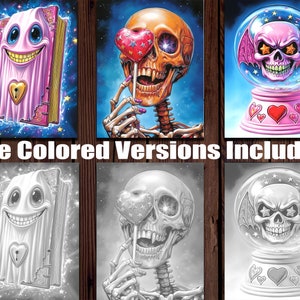 May include: Three digital art prints featuring a ghost in a book, a skull with a heart lollipop, and a skull in a snow globe. Each print is available in both color and black and white versions.