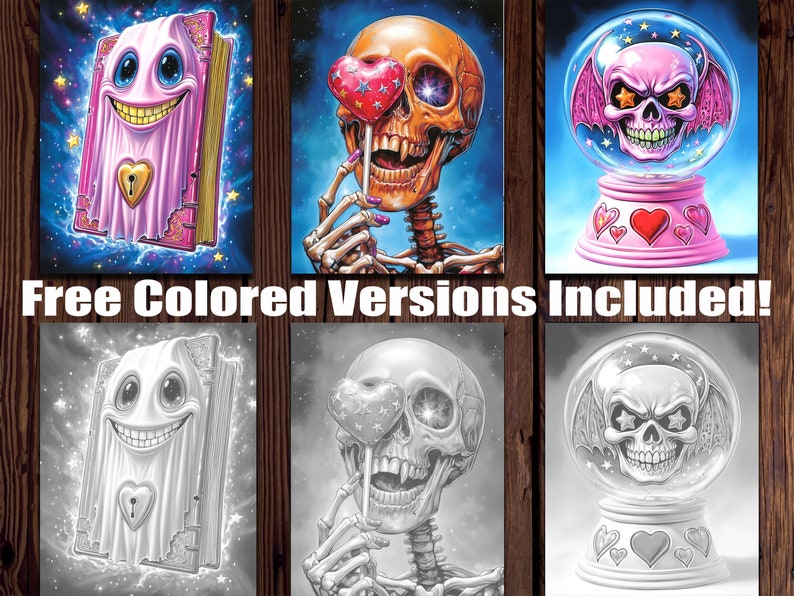 May include: Three digital art prints featuring a ghost in a book, a skull with a heart lollipop, and a skull in a snow globe. Each print is available in both color and black and white versions.