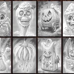 May include: A set of eight black and white illustrations featuring spooky and cute characters. The illustrations include a spider, an ice cream cone, a pumpkin, a mug, a broom, a dreamcatcher, a backpack, and a bat.