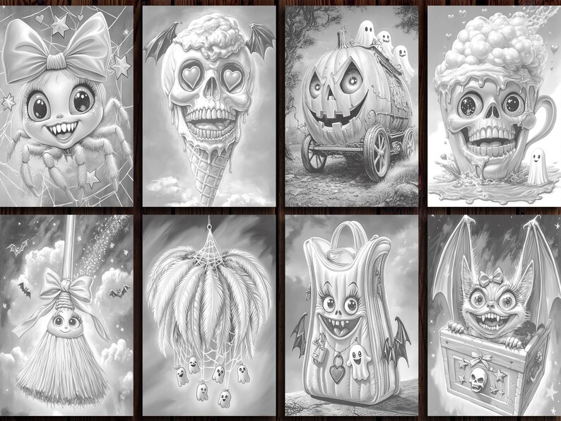 May include: A set of eight black and white illustrations featuring spooky and cute characters. The illustrations include a spider, an ice cream cone, a pumpkin, a mug, a broom, a dreamcatcher, a backpack, and a bat.