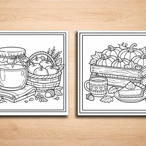 May include: Two black and white illustrations of autumn-themed scenes. One features a jar of honey, a basket of apples, and fall foliage. The other shows pumpkins in a crate, a mug, and a slice of pie.