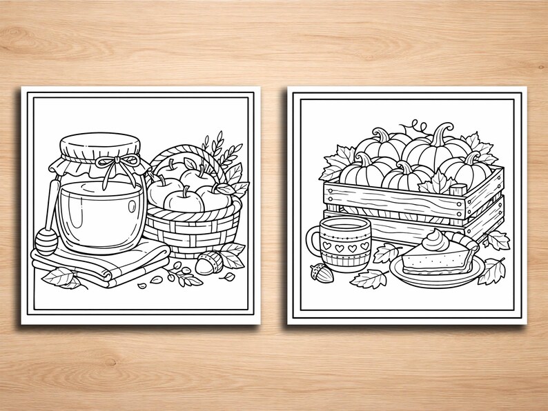 May include: Two black and white illustrations of autumn-themed scenes. One features a jar of honey, a basket of apples, and fall foliage. The other shows pumpkins in a crate, a mug, and a slice of pie.