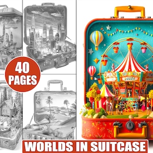 Enchanting Worlds in Suitcase Coloring Pages for Adults – 40 Printable Grayscale Fantasy Sheets – Enchanted Coloring Book Digital Download