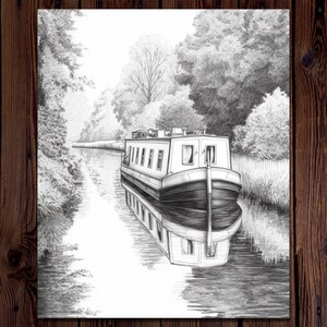 May include: A black and white pencil drawing of a narrow boat on a canal. The boat is in the center of the image and is surrounded by trees and foliage. The water is calm and reflects the boat and the trees.
