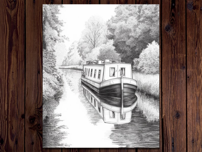May include: A black and white pencil drawing of a narrow boat on a canal. The boat is in the center of the image and is surrounded by trees and foliage. The water is calm and reflects the boat and the trees.