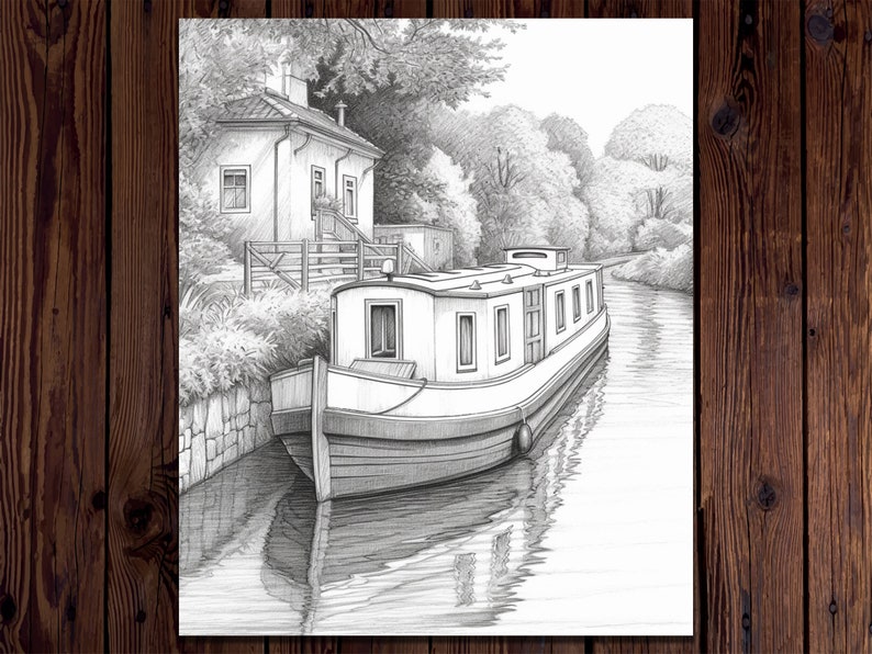 May include: A black and white pencil drawing of a narrow boat docked on a canal. The boat is in the foreground and a house is in the background. The house is on the left side of the image and the canal is on the right side. The canal is lined with trees and the water is calm.