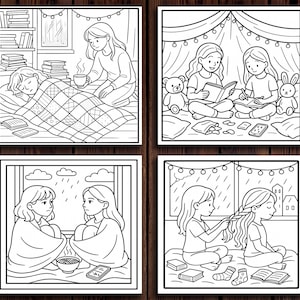 May include: Black and white line art illustrations depicting cozy indoor scenes. One shows a person in bed, another two reading in a tent, a third with two people looking out a window, and the last with one braiding another's hair.