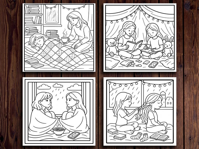 May include: Black and white line art illustrations depicting cozy indoor scenes. One shows a person in bed, another two reading in a tent, a third with two people looking out a window, and the last with one braiding another's hair.