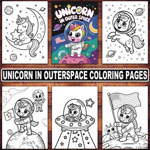 May include: A collection of black and white coloring pages featuring unicorns in outer space. The pages include unicorns with astronaut helmets, planets, stars, and the American flag. The text "Unicorn in Outer Space Coloring Pages" is displayed.