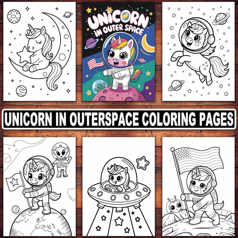 May include: A collection of black and white coloring pages featuring unicorns in outer space. The pages include unicorns with astronaut helmets, planets, stars, and the American flag. The text "Unicorn in Outer Space Coloring Pages" is displayed.