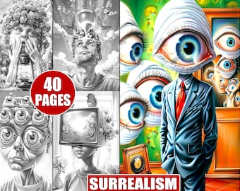 40 páginas para colorear surrealistas imprimibles en escala de grises para adultos, fantasía y arte abstracto, hojas para colorear imaginativas para aliviar el estrés
