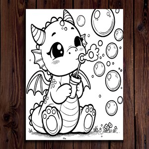 May include: Black and white illustration of a cute dragon blowing bubbles. The dragon has large eyes, small horns, and wings. The bubbles are of varying sizes. The dragon is sitting on the grass.