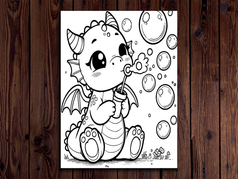 May include: Black and white illustration of a cute dragon blowing bubbles. The dragon has large eyes, small horns, and wings. The bubbles are of varying sizes. The dragon is sitting on the grass.