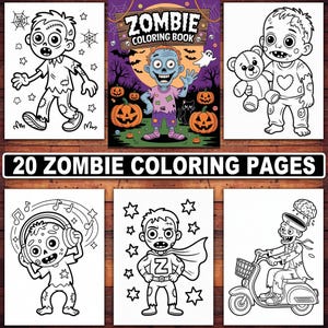 Puede incluir: Una colección de ilustraciones en blanco y negro de zombis en varias poses. Se ve la portada del "Zombie Coloring Book", junto con el texto "20 Zombie Coloring Pages". Las ilustraciones incluyen zombis con calabazas, un oso de peluche y un superhéroe.