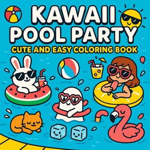 Puede incluir: Una colorida ilustración titulada "Kawaii Pool Party" muestra personajes de dibujos animados en una piscina. Un conejo, un fantasma y una niña llevan gafas de sol. Otros elementos incluyen un gato, un flamenco, un balón de playa y cubitos de hielo. El texto dice "Cute and Easy Coloring Book".