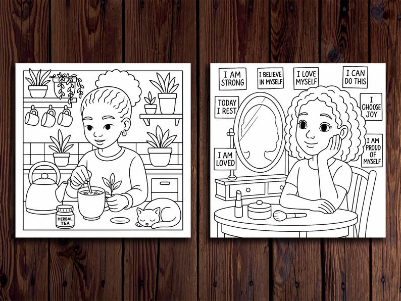 Op de afbeelding: Twee zwart-wit illustraties. E&eacute;n toont een persoon die thee roert met een kat in de buurt. De andere toont een persoon die aan een kaptafel zit met positieve affirmaties rond de spiegel. De tekst op de theepot luidt "HERBAL TEA".