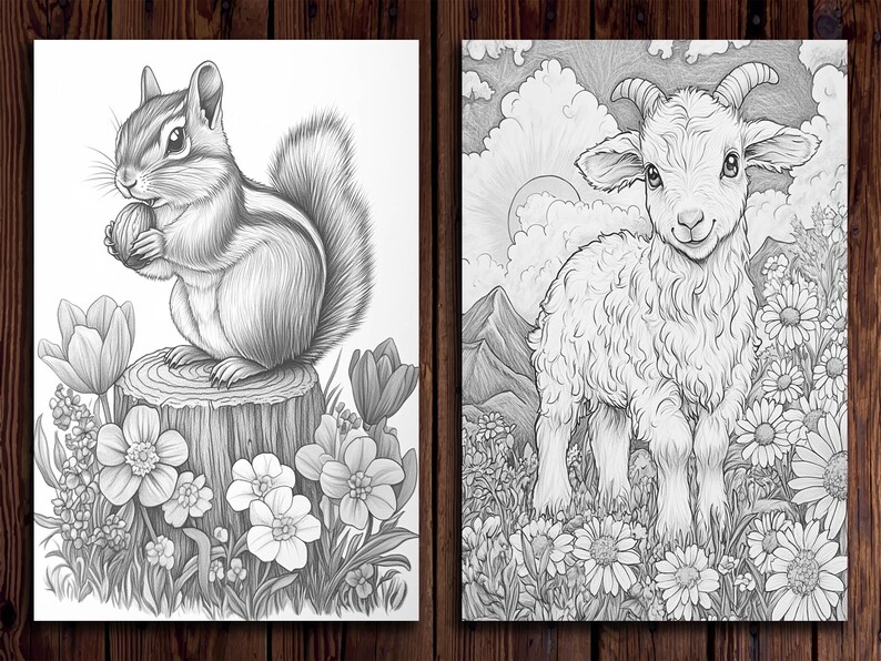 May include: A black and white pencil drawing of a chipmunk sitting on a tree stump with a nut in its paws, surrounded by flowers. The chipmunk is looking to the left. The drawing is on a white background.