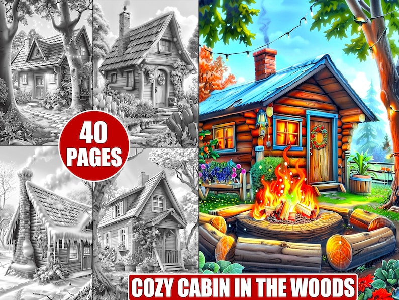 Cozy Cabin in the Woods Coloring Pages: Grayscale Rustic Forest Scenes ...